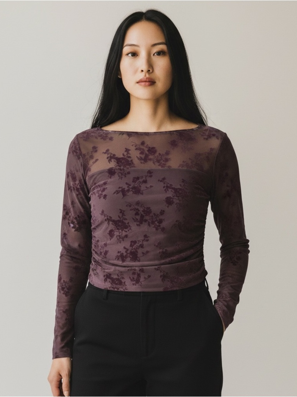 Abercrombie & Fitch NWT bra-free Floral Mesh Ruched Long Sleeve Top Large